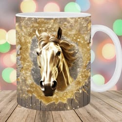3d horse hole in a wall mug wrap 11oz & 15oz mug template sublimation design gold glitter mug wrap template