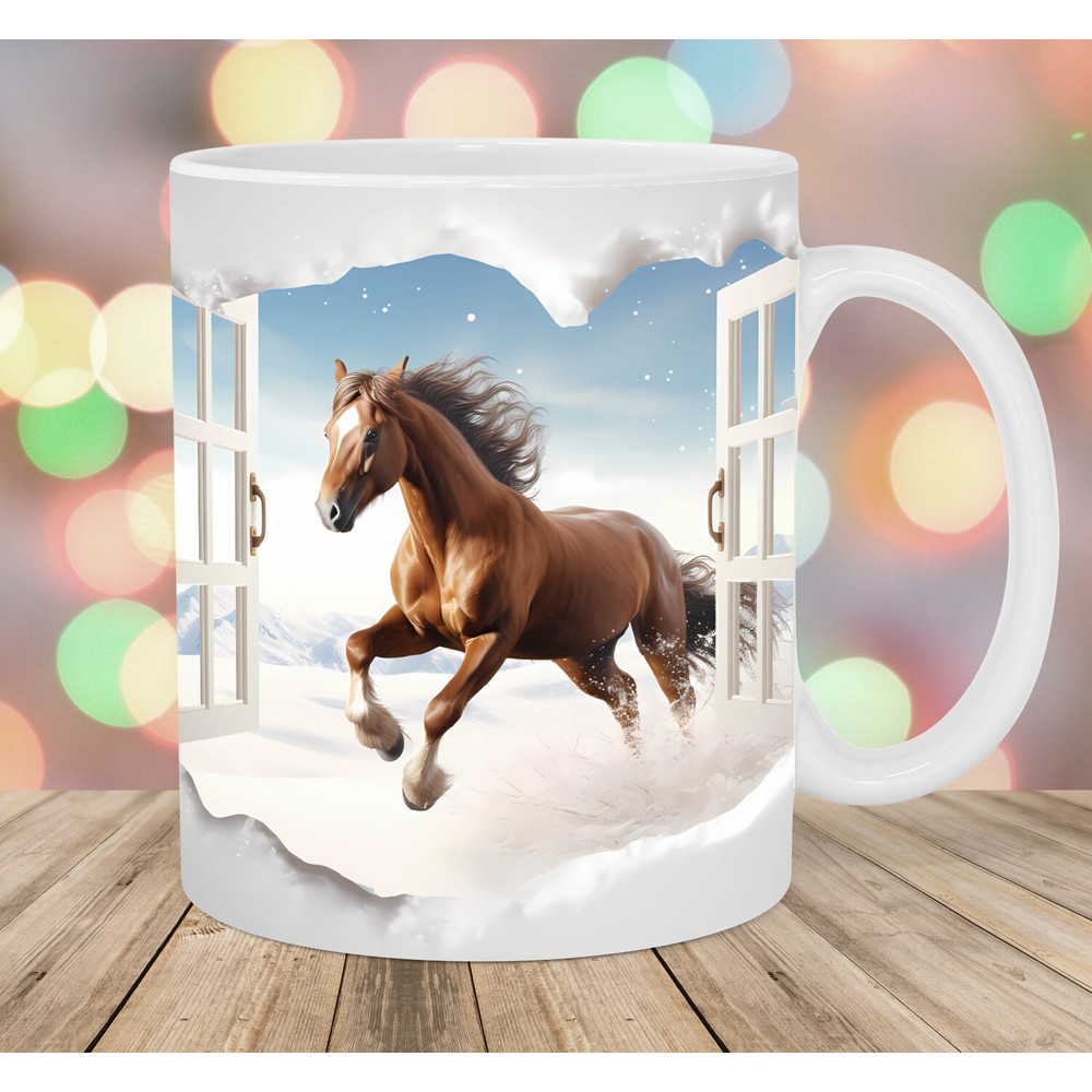 3D Horse In A Window Mug Wrap, 11oz & 15oz Mug Template, Mug Sublimation Design, Winter Mug Wrap Template, Instant Digital Download PNG.jpg