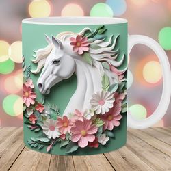 3d horse mug wrap  11oz & 15oz mug template  flowers mug sublimation design  pink green mug wrap template