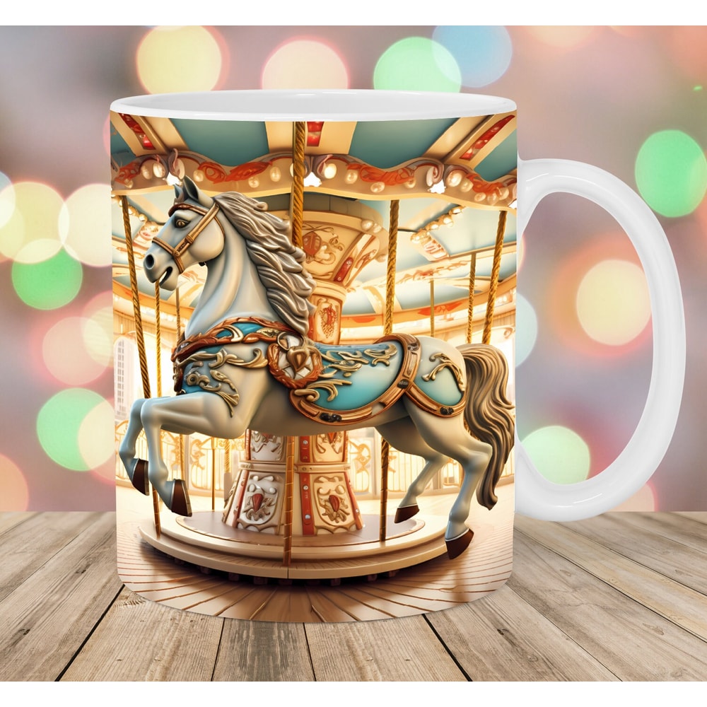 3D Horse Mug Wrap, 11oz & 15oz Mug Template, Mug Sublimation Design, Merry-Go-Round Carousel Mug Wrap Template, Instant Digital Download PNG.jpg