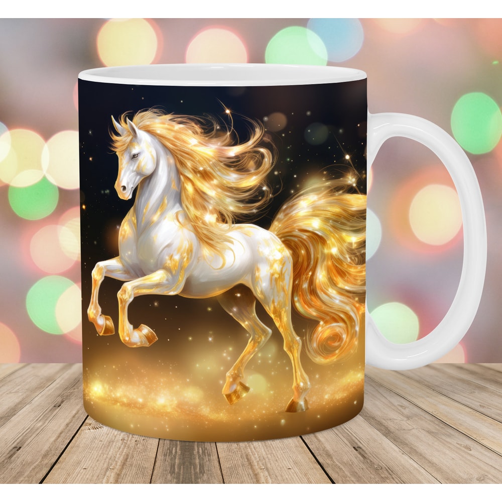 3D Horse Mug Wrap, 11oz And 15oz Mug Template, Mug Sublimation Design, Gold Glitter Mug Wrap Template, Instant Digital Download PNG.jpg