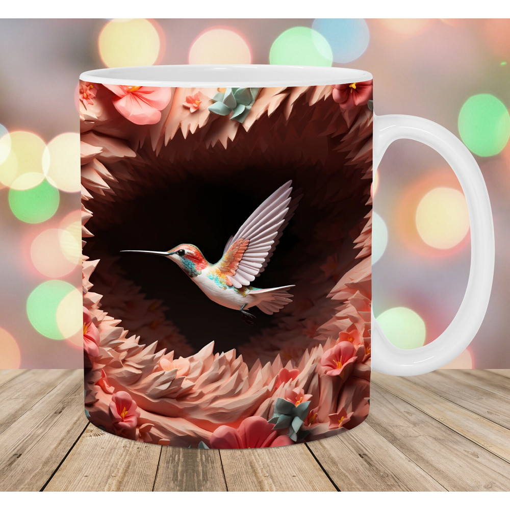 3D Hummingbird Mug Wrap, 11oz And 15oz Mug Template, Mug Sublimation Design, Hole In A Wall Mug Wrap Template, Instant Digital Download PNG.jpg