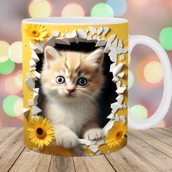 3d kitten hole in a wall mug wrap 11oz & 15oz mug template mug sublimation design flowers mug wrap template