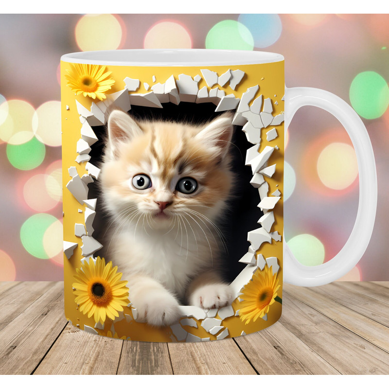 3D Kitten Hole In A Wall Mug Wrap, 11oz & 15oz Mug Template, Mug Sublimation Design, Flowers Mug Wrap Template, Instant Digital Download PNG.jpg