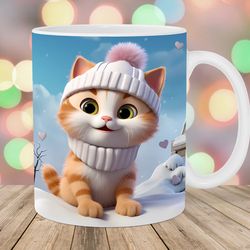 3d kitten mug wrap  11oz & 15oz mug template  christmas mug sublimation design  snow mug wrap template