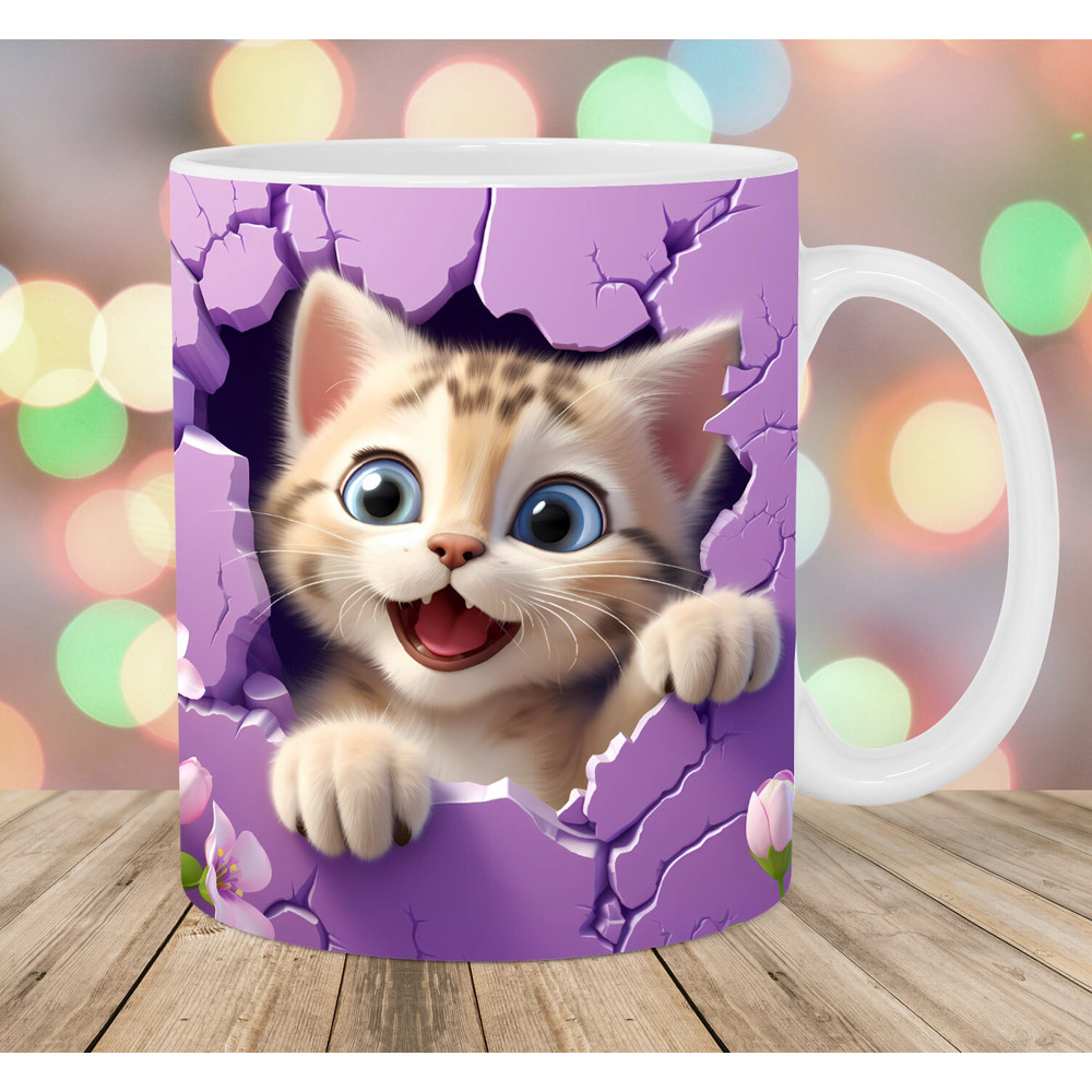3D Kitten Mug Wrap, 11oz & 15oz Mug Template, Hole In A Wall Sublimation Design, Flowers Mug Wrap Template, Instant Digital Download PNG.jpg