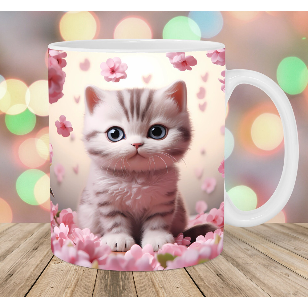 3D Kitten Mug Wrap, 11oz And 15oz Mug Template, Cat Mug Sublimation Design, Pink Flowers Mug Wrap Template, Instant Digital Download PNG.jpg
