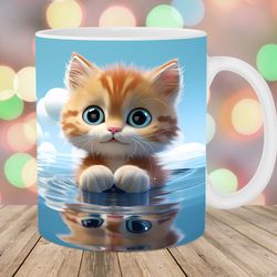 3d kitten reflection mug wrap  11oz and 15oz mug template  mug sublimation design  mug wrap template