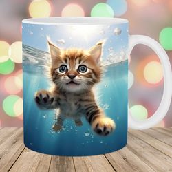 3d kitten underwater mug wrap  11oz & 15oz mug template  mug sublimation design  ocean mug wrap template
