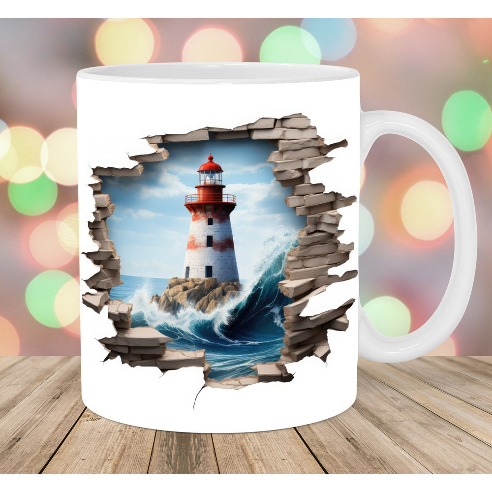 3D Lighthouse Hole In A Wall Mug Wrap, 11oz & 15oz Mug Template, Mug Sublimation Design, Mug Wrap Template, Instant Digital Download PNG.jpg