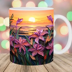 3d lilies mug wrap  11oz & 15oz mug template  mug sublimation design  sunset landscape mug wrap template