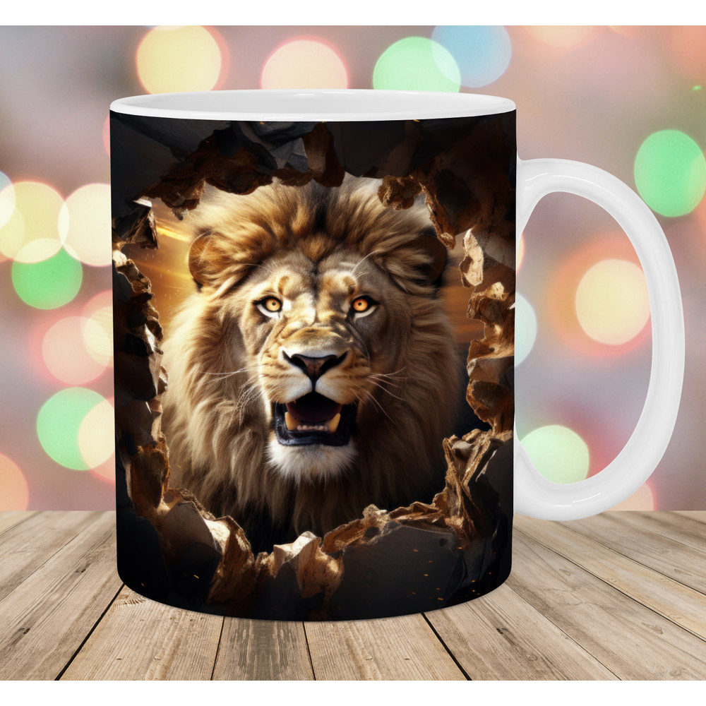 3D Lion Mug Wrap, 11oz & 15oz Mug Template, Hole In A Wall Mug Sublimation Design, Gold Mug Wrap Template, Instant Digital Download PNG.jpg