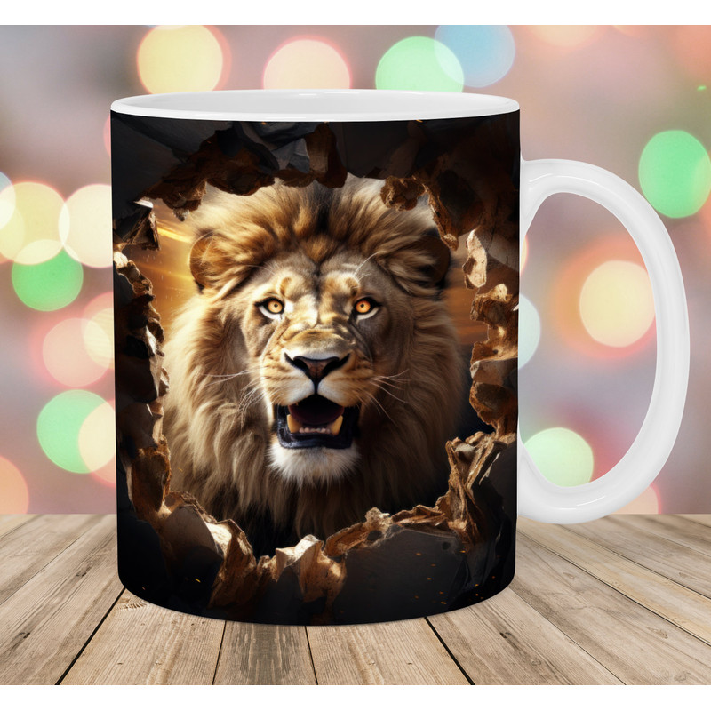 3D Lion Mug Wrap, 11oz & 15oz Mug Template, Hole In A Wall Mug Sublimation Design, Gold Mug Wrap Template, Instant Digital Download PNG.jpg