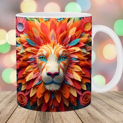 3d lion mug wrap  11oz & 15oz mug template  mug sublimation design  colorful flowers mug wrap template