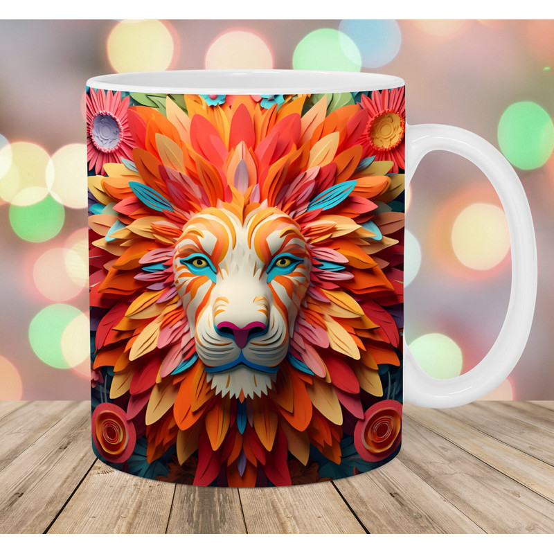 3D Lion Mug Wrap, 11oz & 15oz Mug Template, Mug Sublimation Design, Colorful Flowers Mug Wrap Template, Instant Digital Download PNG.jpg