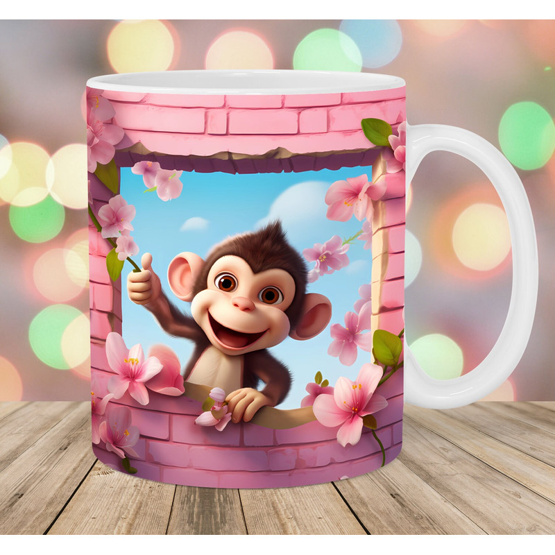 3D Monkey Hole In A Wall Mug Wrap, 11oz & 15oz Mug Template, Mug Sublimation Design, Pink Mug Wrap Template, Instant Digital Download PNG.jpg