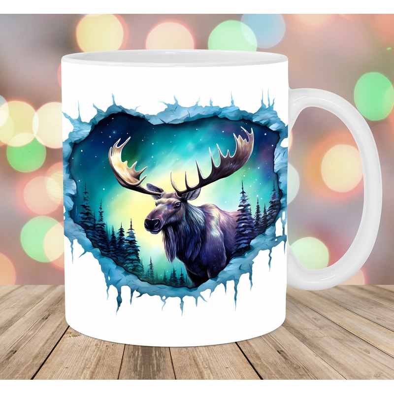 3D Moose Hole In A Wall Mug Wrap, 11oz & 15oz Mug Template, Mug Sublimation Design, Northern Lights Mug Wrap, Instant Digital Download PNG.jpg