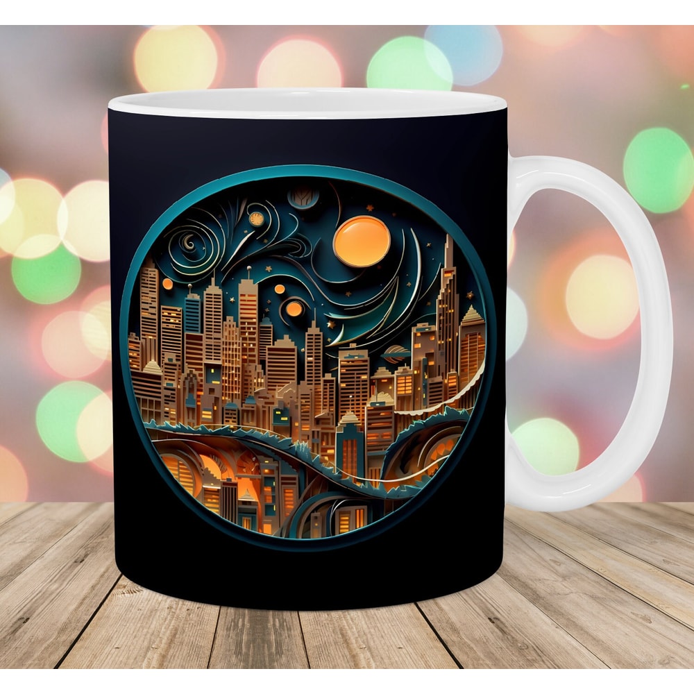 3D Night City Landscape Mug Wrap, 11oz And 15oz Mug Template, Mug Sublimation Design, Mug Wrap Template, Instant Digital Download PNG.jpg