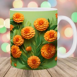 3d orange flowers mug wrap  11oz & 15oz mug template  mug sublimation design  botanical mug wrap template