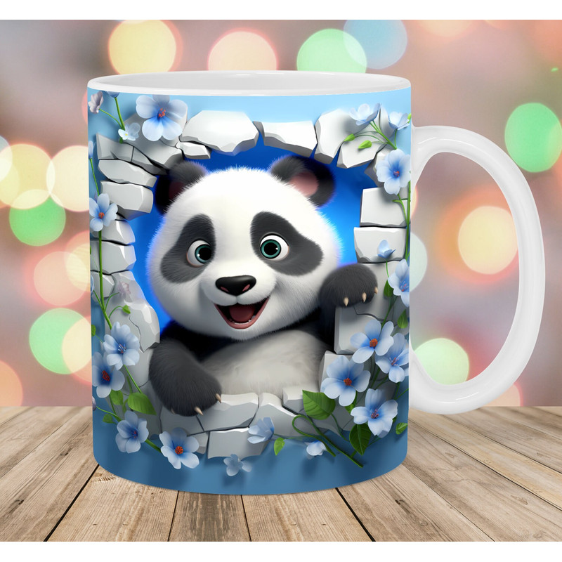 3D Panda Hole In A Wall Mug Wrap, 11oz & 15oz Mug Template, Mug Sublimation Design, Blue Flowers Mug Template, Instant Digital Download PNG.jpg