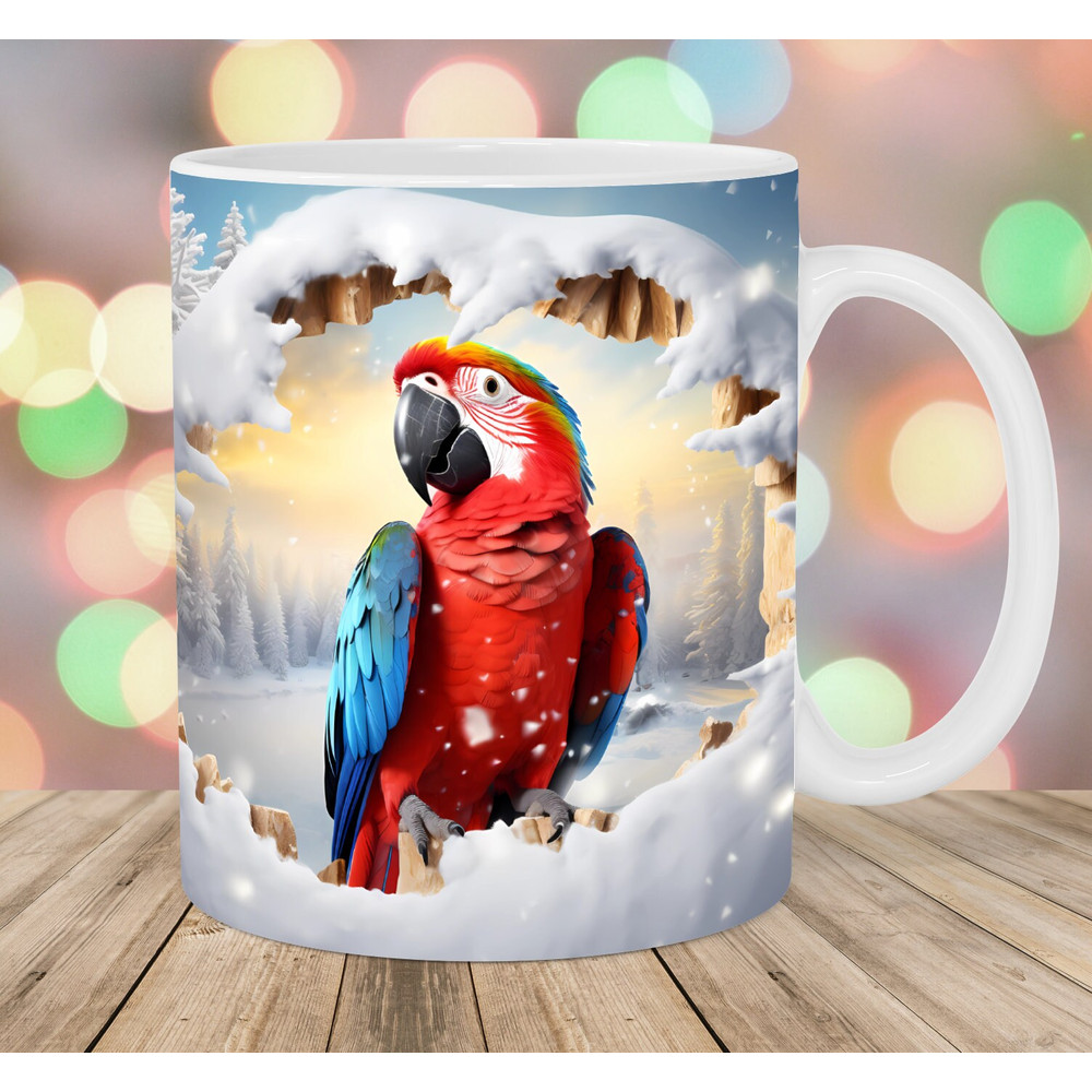 3D Parrot Hole In A Wall Mug Wrap, 11oz & 15oz Mug Template, Mug Sublimation Design, Snow Mug Wrap Template, Instant Digital Download PNG.jpg
