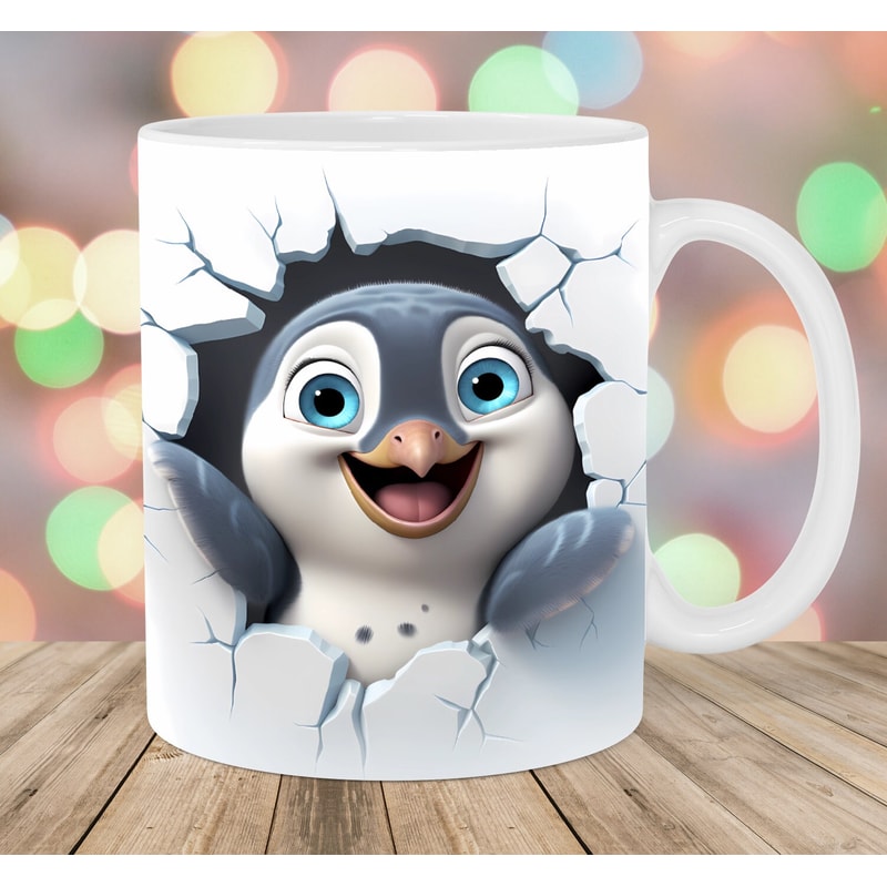 3D Penguin Hole In A Wall Mug Wrap, 11oz And 15oz Mug Template, Mug Sublimation Design, Mug Wrap Template, Instant Digital Download PNG.jpg