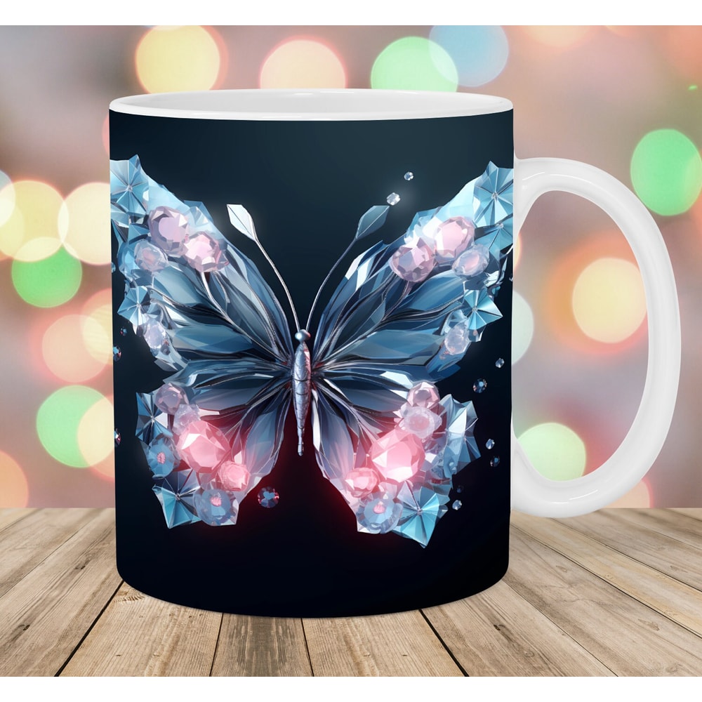 3D Pink Blue Butterfly Mug Wrap, 11oz And 15oz Mug Template, Mug Sublimation Design, Mug Wrap Template, Instant Digital Download PNG.jpg