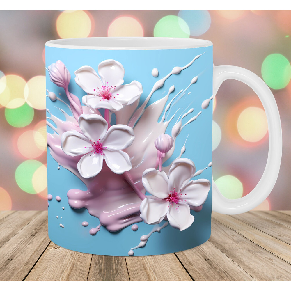 3D Pink Blue Flowers Mug Wrap, 11oz And 15oz Mug Template, Dripping Paint Mug Sublimation Design, Mug Template, Instant Digital Download PNG.jpg