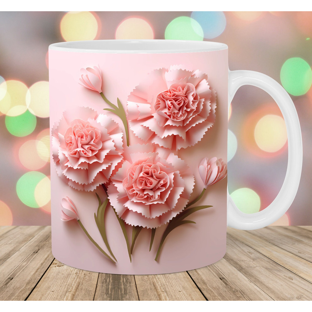 3D Pink Carnations Mug Wrap, 11oz And 15oz Mug Template, Mug Sublimation Design, Flower Mug Wrap Template, Instant Digital Download PNG.jpg