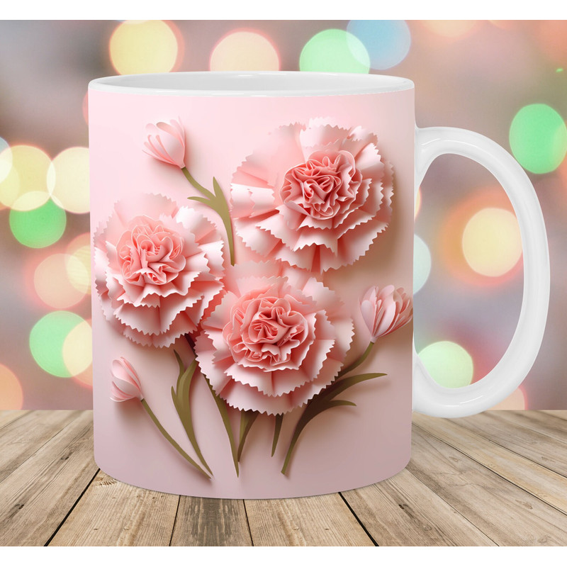 3D Pink Carnations Mug Wrap, 11oz And 15oz Mug Template, Mug Sublimation Design, Flower Mug Wrap Template, Instant Digital Download PNG.jpg