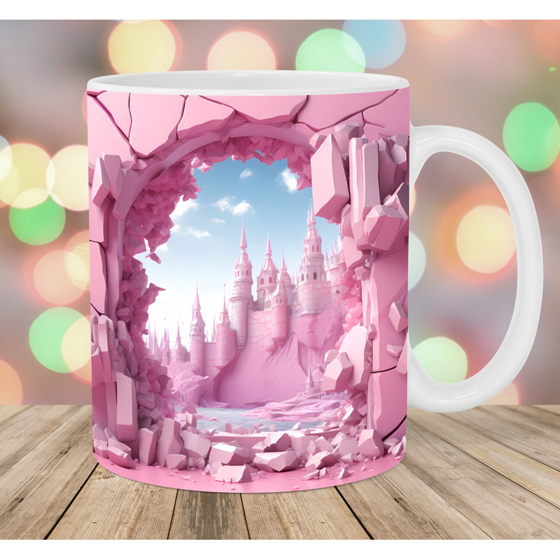3D Pink Castle Hole In A Wall Mug Wrap, 11oz & 15oz Mug Template, Mug Sublimation Design, Mug Wrap Template, Instant Digital Download PNG.jpg
