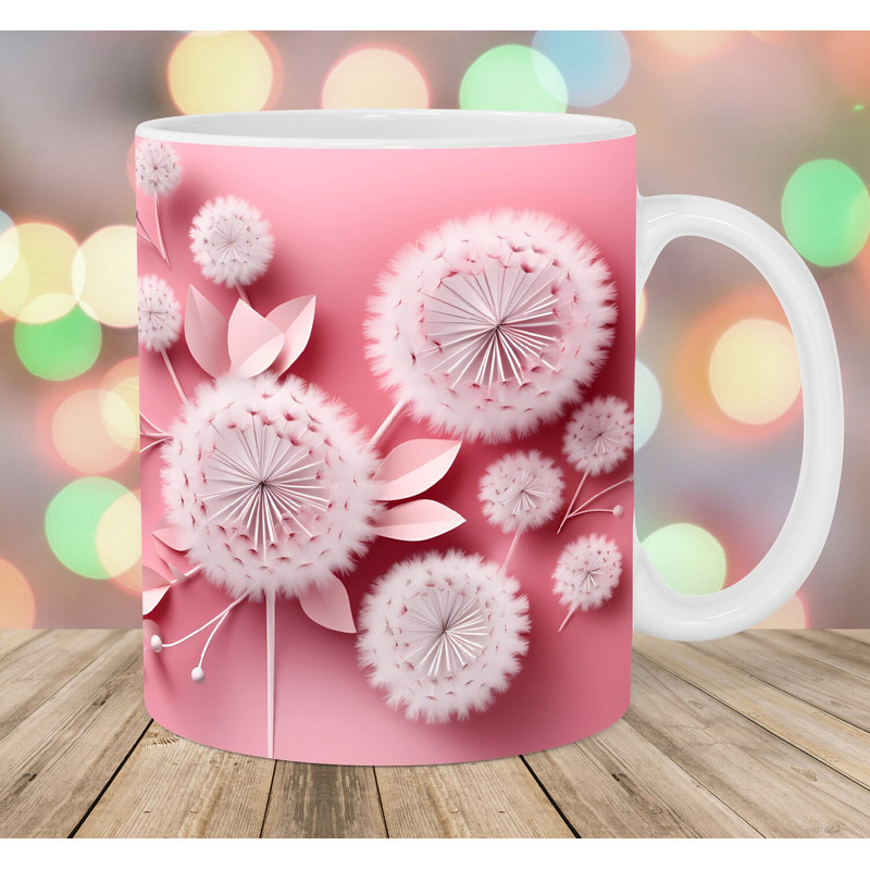 3D Pink Dandelions Flowers Mug Wrap, 11oz And 15oz Mug Template, Mug Sublimation Design, Mug Wrap Template, Instant Digital Download PNG.jpg
