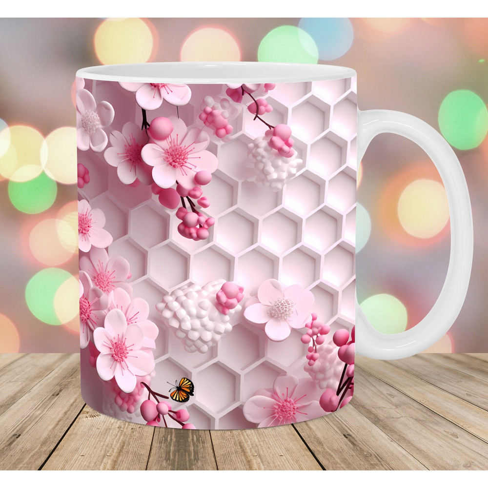 3D Pink Flowers Bee Honeycomb Mug Wrap, 11oz And 15oz Mug Template, Mug Sublimation Design, Mug Wrap Template, Instant Digital Download PNG.jpg