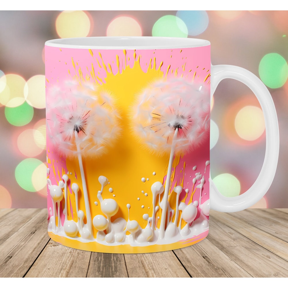 3D Pink Yellow Dandelions Mug Wrap, 11oz And 15oz Mug Template, Mug Sublimation Design, Mug Wrap Template, Instant Digital Download PNG.jpg