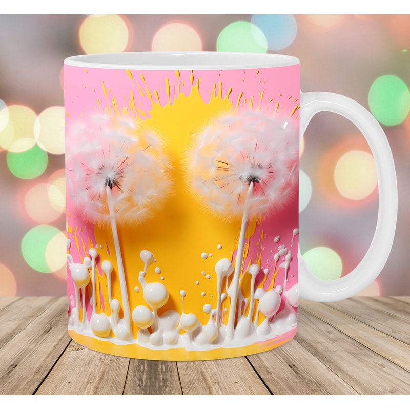 3D Pink Yellow Dandelions Mug Wrap, 11oz And 15oz Mug Template, Mug Sublimation Design, Mug Wrap Template, Instant Digital Download PNG.jpg