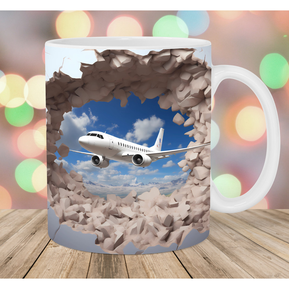 3D Plane Hole In A Wall Mug Wrap, 11oz And 15oz Mug Template, Mug Sublimation Design, Mug Wrap Template, Instant Digital Download PNG.jpg