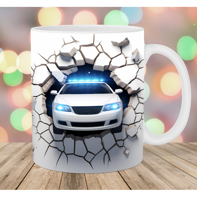 3D Police Car Hole In A Wall Mug Wrap, 11oz & 15oz Mug Template, Mug Sublimation Design, Mug Wrap Template, Instant Digital Download PNG.jpg