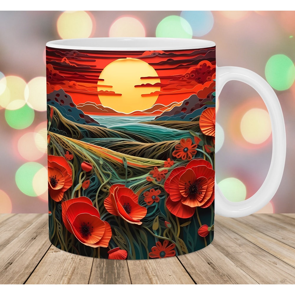 3D Poppy Field Mug Wrap, 11oz And 15oz Mug Template, Mug Sublimation Design, Sunrise Mug Wrap Template, Instant Digital Download PNG.jpg