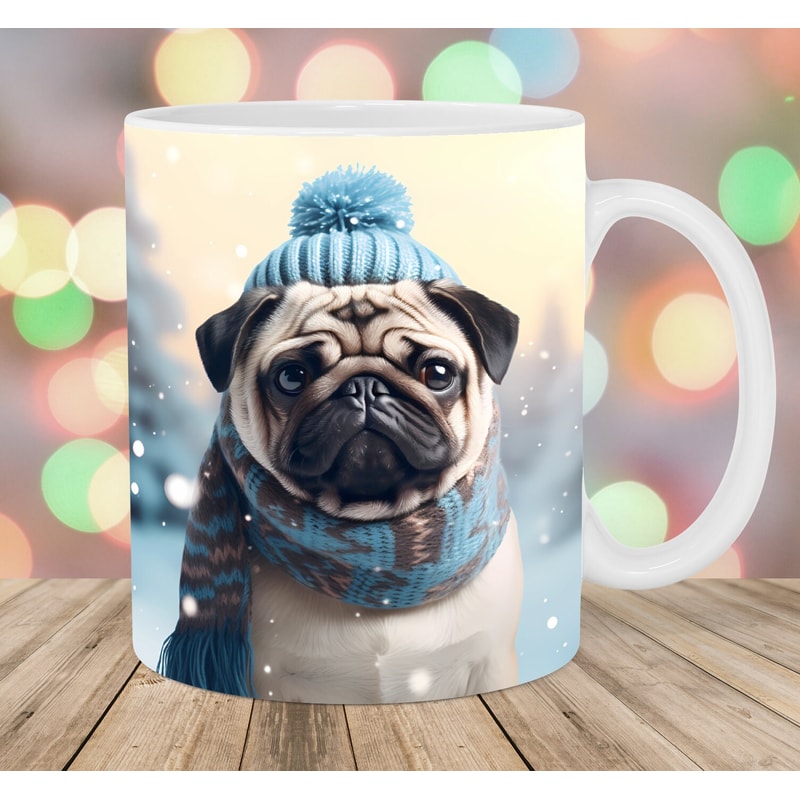 3D Pug Christmas Mug Wrap, 11oz And 15oz Mug Template, Mug Sublimation Design, Dog Mug Wrap Template, Instant Digital Download PNG.jpg
