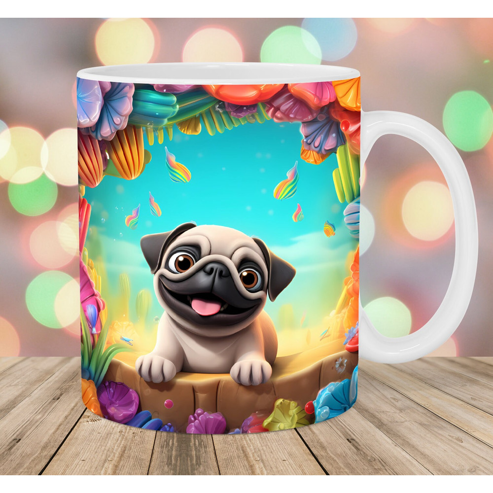 3D Pug Mug Wrap, 11oz And 15oz Mug Template, Flower Mug Sublimation Design, Hole In A Wall Mug Wrap Template, Instant Digital Download PNG.jpg