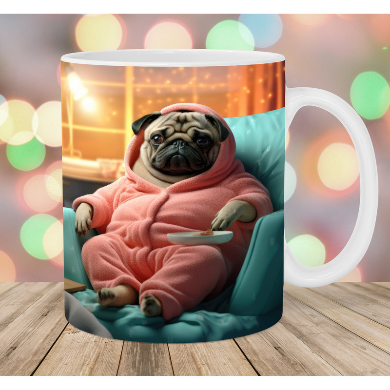 3D Pug In Pajamas Mug Wrap, 11oz And 15oz Mug Template, Mug Sublimation Design, Dog Mug Wrap Template, Instant Digital Download PNG.jpg