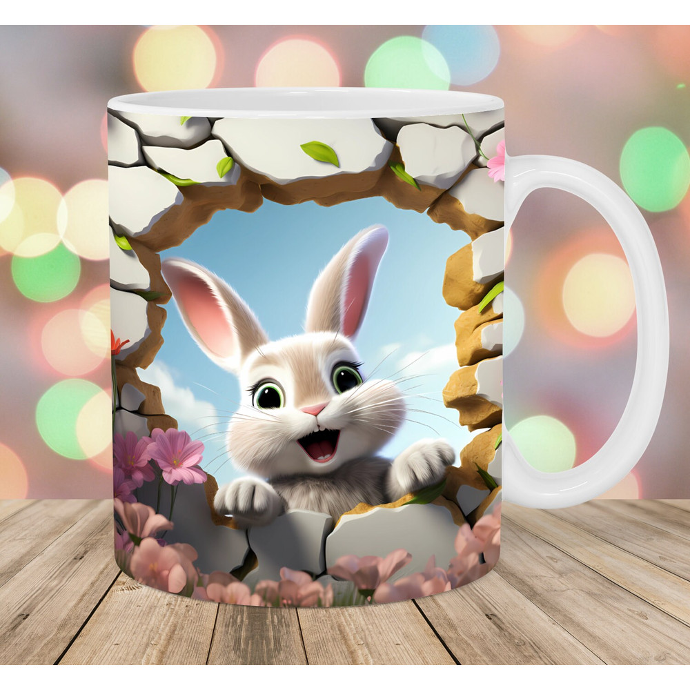 3D Rabbit Mug Wrap, 11oz & 15oz Mug Template, Flowers Mug Sublimation Design, Hole In A Wall Mug Wrap Template, Instant Digital Download PNG.jpg