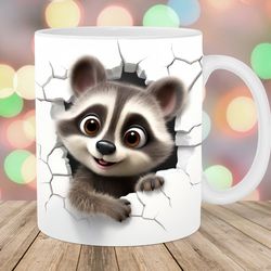 3d raccoon hole in a wall mug wrap 11oz and 15oz mug template mug sublimation design mug wrap template