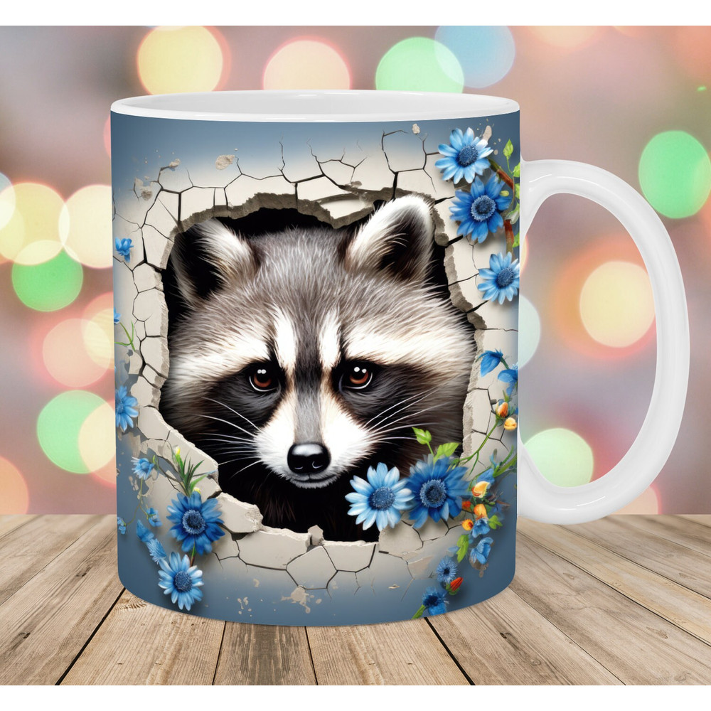 3D Raccoon Mug Wrap, 11oz & 15oz Mug Template, Hole In A Wall Mug Sublimation Design, Flower Mug Wrap Template, Instant Digital Download PNG.jpg