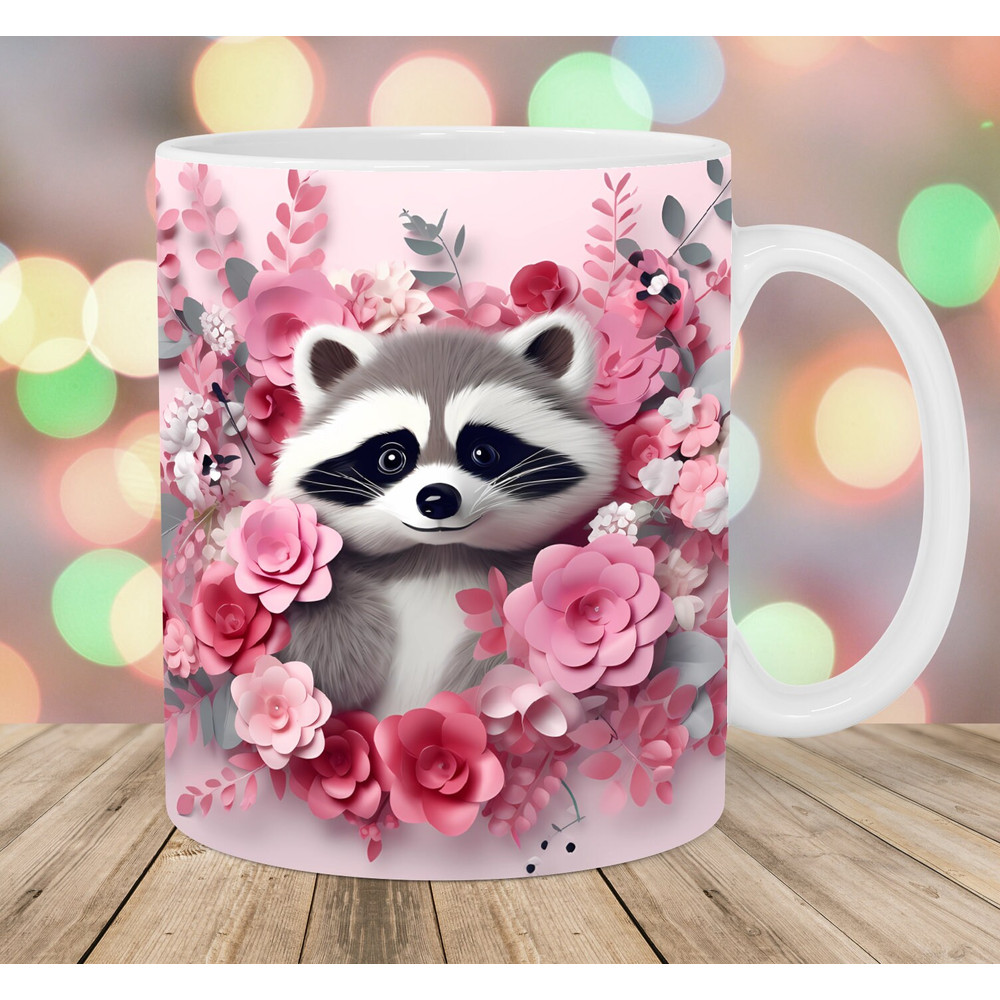 3D Raccoon Mug Wrap, 11oz & 15oz Mug Template, Pink Flowers Mug Sublimation Design, Mug Wrap Template, Instant Digital Download PNG.jpg