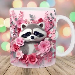 3d raccoon mug wrap  11oz & 15oz mug template  pink flowers mug sublimation design  mug wrap template
