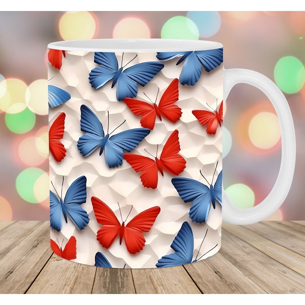 3D Red Blue Butterflies Mug Wrap, 11oz And 15oz Mug Template, Mug Sublimation Design, Mug Wrap Template, Instant Digital Download PNG.jpg