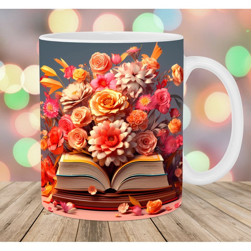 3D Red Yellow Flowers Book Mug Wrap, 11oz & 15oz Mug Template, Mug Sublimation Design, Mug Wrap Template, Instant Digital Download PNG.jpg