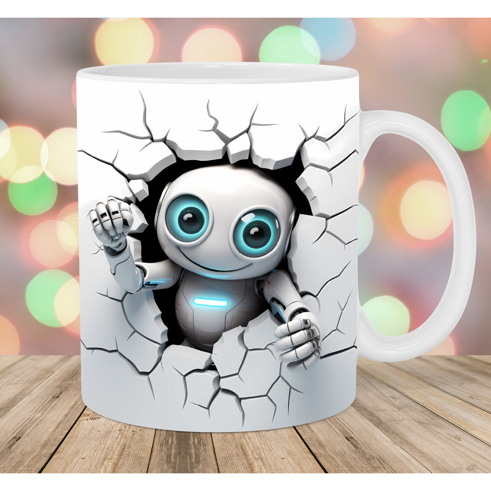 3D Robot Mug Wrap, 11oz And 15oz Mug Template, Hole In A Wall Mug Sublimation Design, Mug Wrap Template, Instant Digital Download PNG.jpg