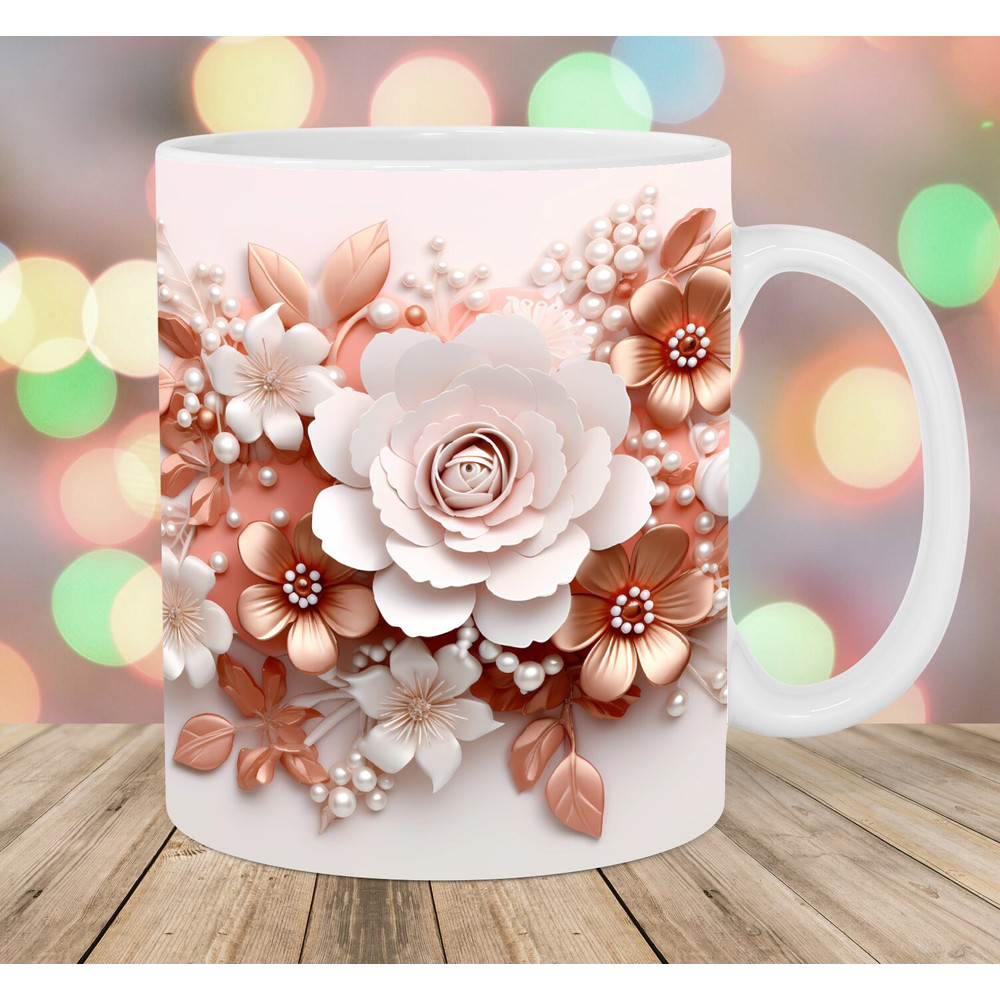 3D Rose Gold Pearl Flowers Mug Wrap, 11oz & 15oz Mug Template, Mug Sublimation Design, Mug Wrap Template, Instant Digital Download PNG.jpg